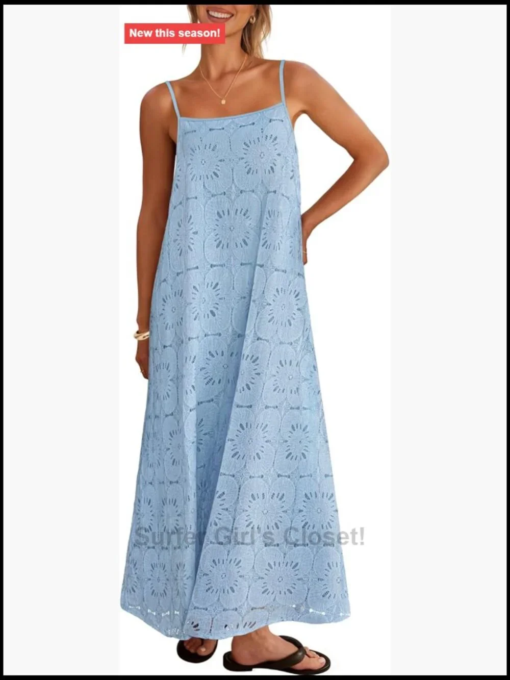 Spaghetti Strap Maxi Dress with Lace Eyelet and Pockets Boho Wedding Guest - Picture 1 of 7